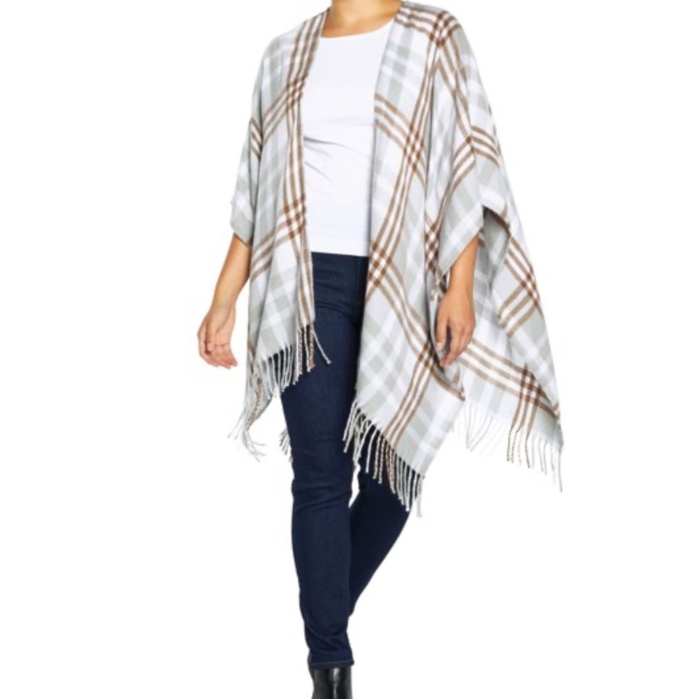 NWT Three Dots Plaid Fringe Poncho - Gray and Brown